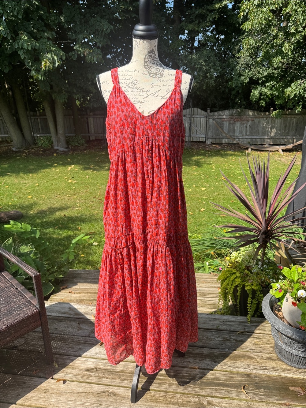 Joie Red Printed Tiered V-Neck Summer-to-Fall Maxi Dress